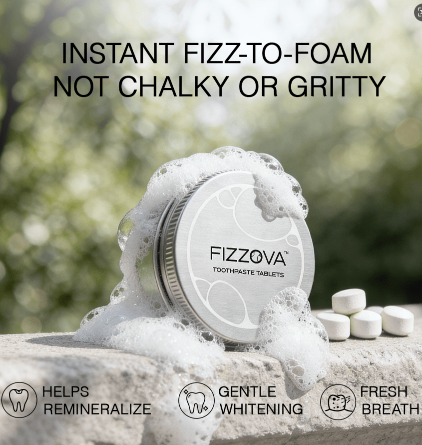 FIZZOVA foaming toothpaste tablets. Instant fizz, non-gritty, fluoride-free formula.