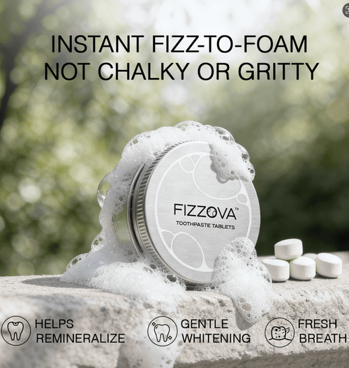 FIZZOVA foaming toothpaste tablets. Instant fizz, non-gritty, fluoride-free formula.