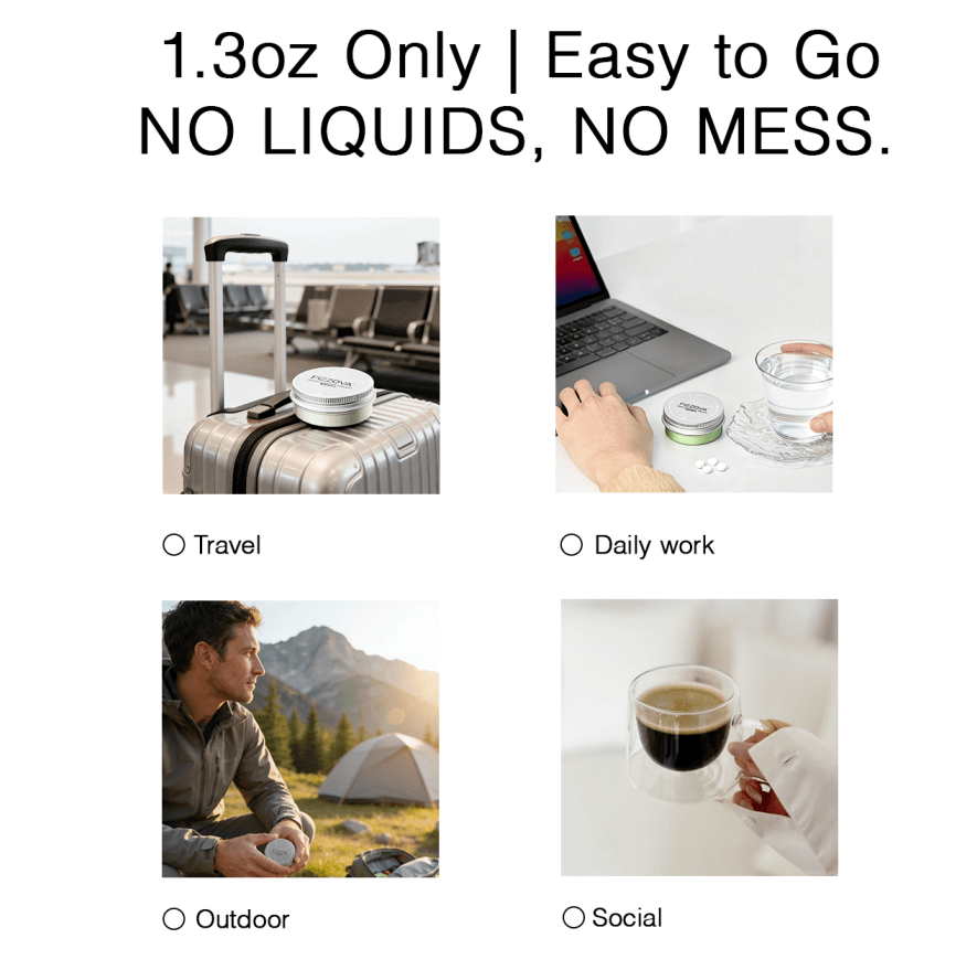 Travel friendly toothpaste tablets. TSA approved, no liquid, no mess. Perfect for on-the-go.