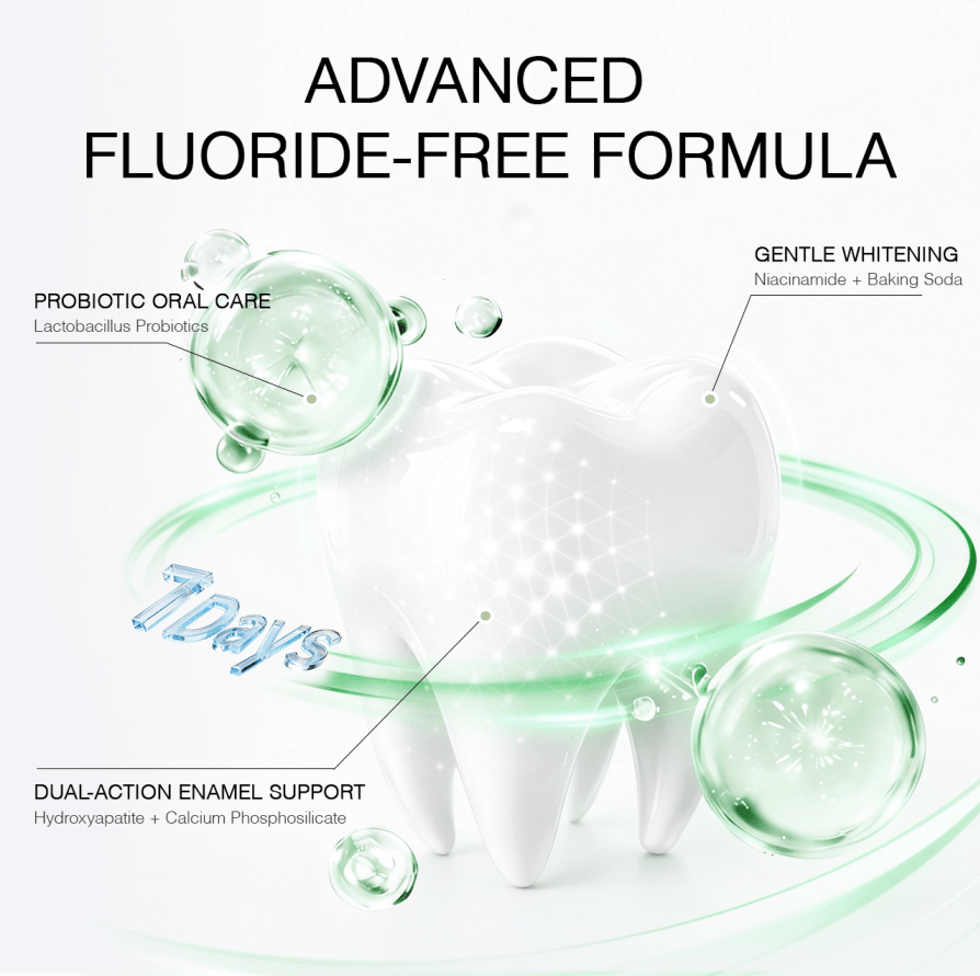 Advanced fluoride-free formula with Hydroxyapatite for enamel support and teeth whitening.