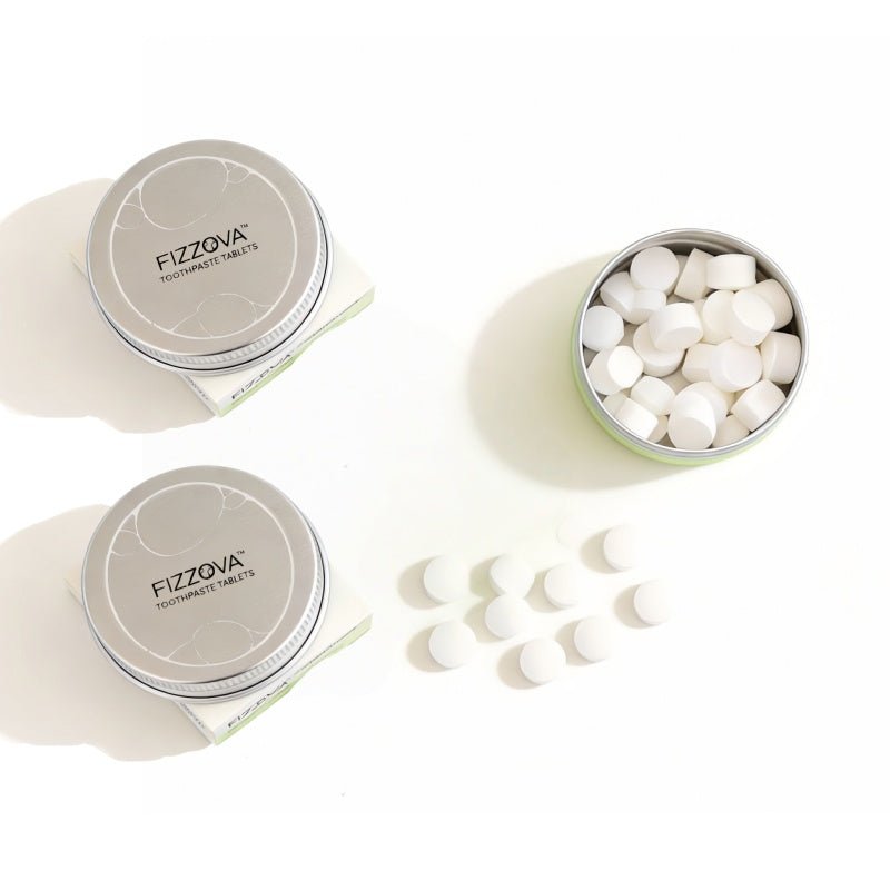 FIZZOVA eco-friendly toothpaste tablet tins-90count. Sustainable, zero waste dental care products.